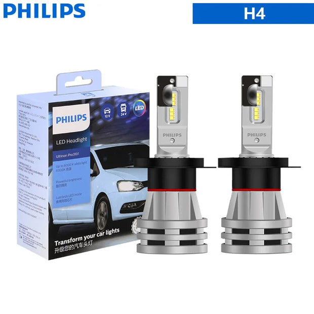 Philips Ultinon Pro3101 LED Headlight Bulbs - 6000K Bright White, H1 H3 H4 H7 H11 HB3 9005 HB4 9006 HIR2 9012, 2-Pack for 12V/24V Vehicles