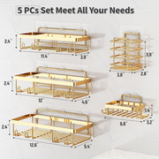 5-Pack Rust-Proof Waterproof Shower Shelves - Large Capacity Wall-Mounted Organizer with Soap Holder, No Drilling Required, Minimalist Stainless Steel Caddy for Bathroom and Kitchen Decor