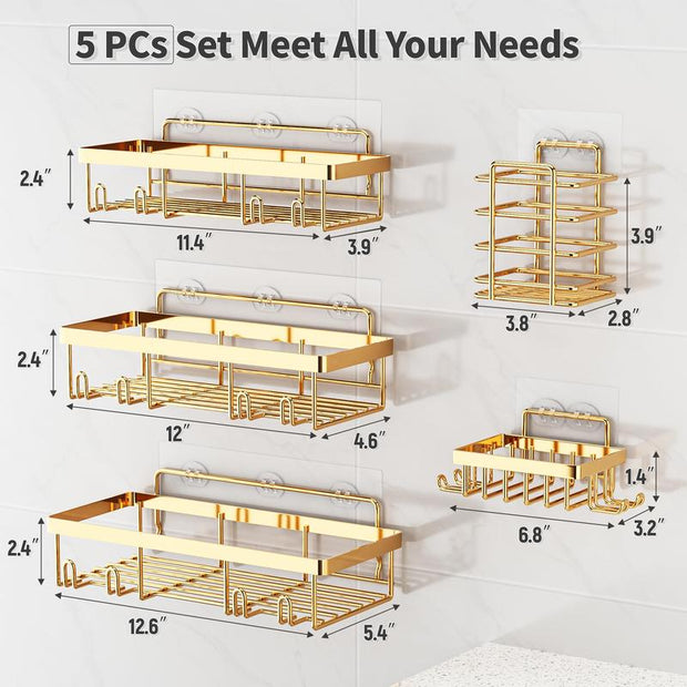 5-Pack Rust-Proof Waterproof Shower Shelves - Large Capacity Wall-Mounted Organizer with Soap Holder, No Drilling Required, Minimalist Stainless Steel Caddy for Bathroom and Kitchen Decor
