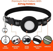 Reflective Breakaway Cat Collar with AirTag Holder & Bell - Adjustable GPS Tracker for Safe Kittens - Stylish Black Design