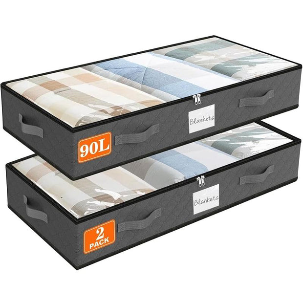 Maximize Your Space: 2-Pack Rolling Under Bed Storage Containers with Clear Windows & Labels - Perfect for Clothes, Shoes, and Blankets (30.71"x16.93"x6.69", Black)