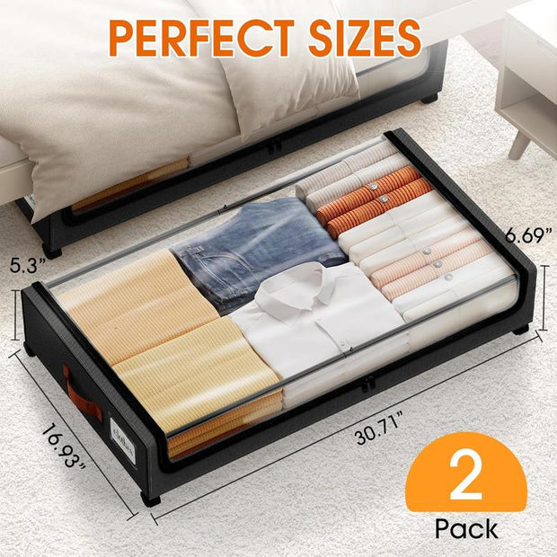 Maximize Your Space: 2-Pack Rolling Under Bed Storage Containers with Clear Windows & Labels - Perfect for Clothes, Shoes, and Blankets (30.71"x16.93"x6.69", Black)