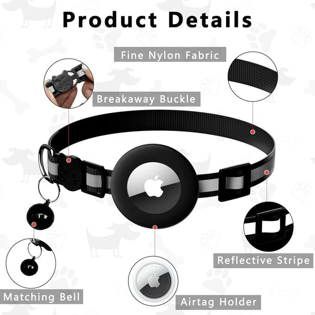 Reflective Breakaway Cat Collar with AirTag Holder & Bell - Adjustable GPS Tracker for Safe Kittens - Stylish Black Design