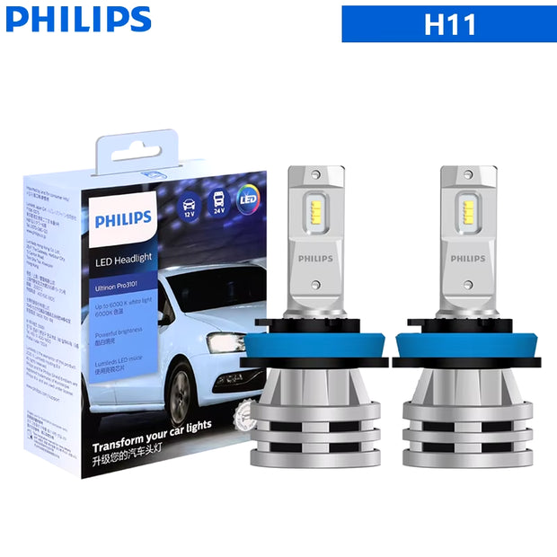 Philips Ultinon Pro3101 LED Headlight Bulbs - 6000K Bright White, H1 H3 H4 H7 H11 HB3 9005 HB4 9006 HIR2 9012, 2-Pack for 12V/24V Vehicles