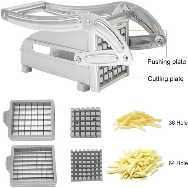 Premium Stainless Steel French Fry Cutter with 2 Blades - Perfect for Homemade Fries & Kitchen Use - Non-Slip Suction Feet Included