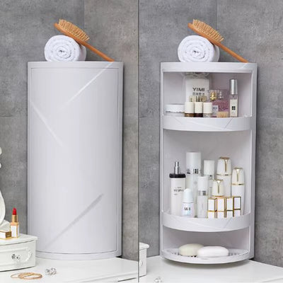 Rotating Triangle Suction Wall Storage Rack — 2-Tier Corner Organizer for Bathroom & Kitchen, Dustproof Space-Saver. Rotating Triangle Suction Wall Storage Rack — 2-Tier Corner Organizer for Bathroom & Kitchen, Dustproof Space-Saver