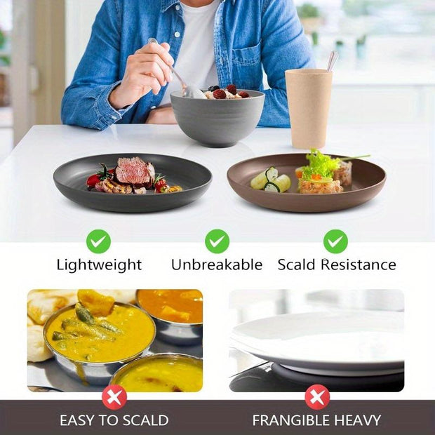 16-Piece Eco-Friendly Wheat Straw Cutlery Set for 4 - Complete Dinnerware with Plates, Bowls, and Cups - Dishwasher-Safe and Reusable - Ideal for Family Gatherings, Camping, and Parties