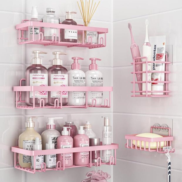 5-Pack Rust-Proof Waterproof Shower Shelves - Large Capacity Wall-Mounted Organizer with Soap Holder, No Drilling Required, Minimalist Stainless Steel Caddy for Bathroom and Kitchen Decor